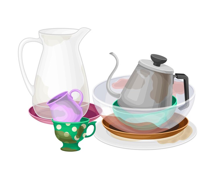Vector una pila de platos y utensilios sucios con una caldera de té y una jarra de vidrio ilustración vectorial
