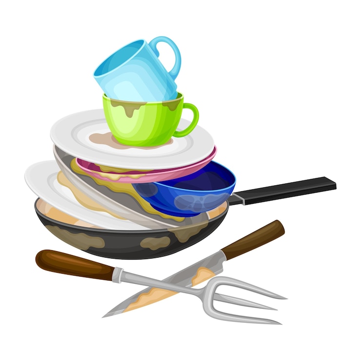 Vector pila de platos y utensilios sucios con platos y tazas ilustración vectorial