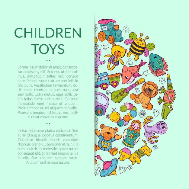 Pila redonda de elementos de juguetes para niños medio escondidos con lugar para texto