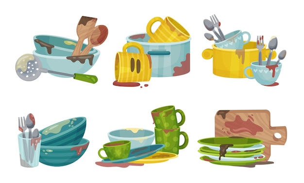 Una pila de utensilios de cocina sucios y vajilla con platos y cucharas Vector Set