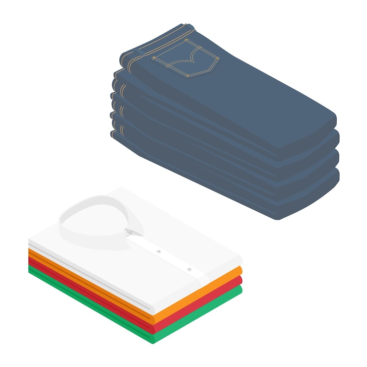 Vector una pila de vaqueros azules y camisas plegadas de color aisladas sobre un fondo blanco