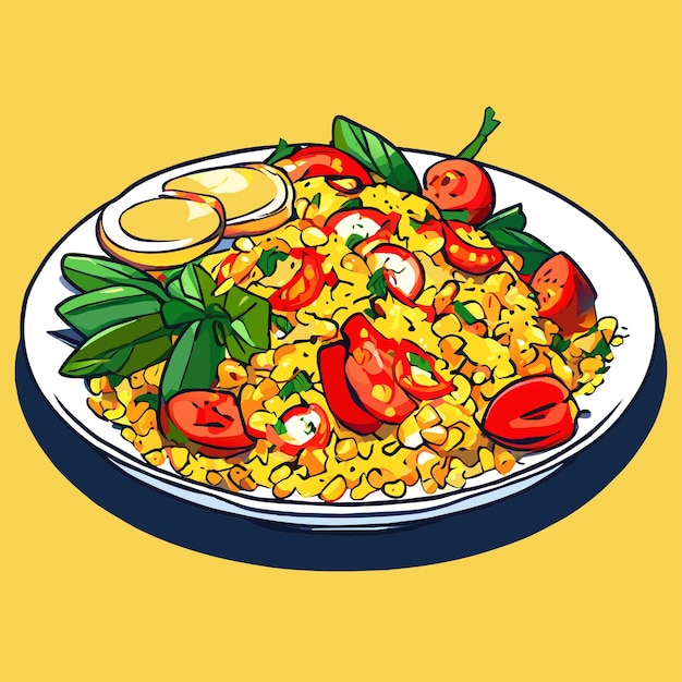 Pilaf bulgur con camarones pimientos y verduras en una ilustración vectorial de plato