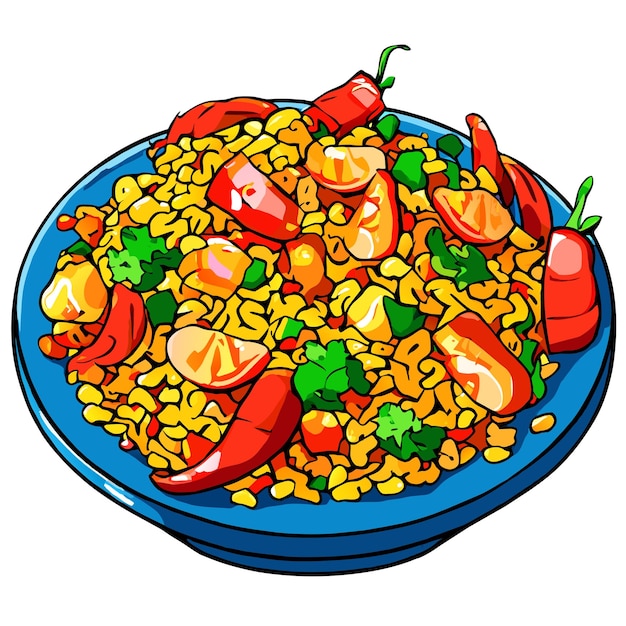 Vector pilaf bulgur con camarones pimientos y verduras en una ilustración vectorial de plato