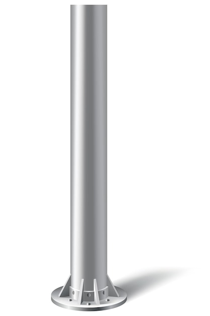 Pilar de metal tubo de acero atornillado en base plana pie de cilindro vertical de acero para cartel de señales de tráfico aislado en fondo blanco Ilustración vectorial