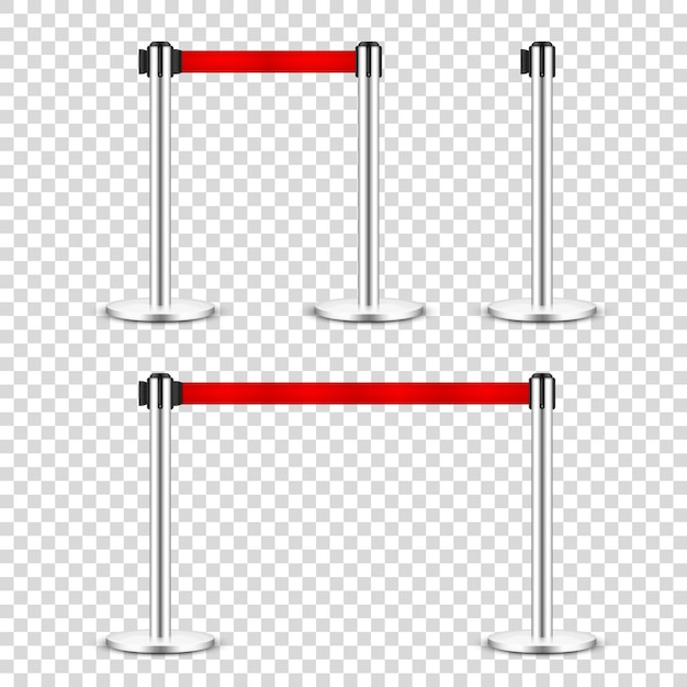 Vector pilares de cinturón retráctiles realistas en postes de barrera de control de multitudes de fondo transparente con
