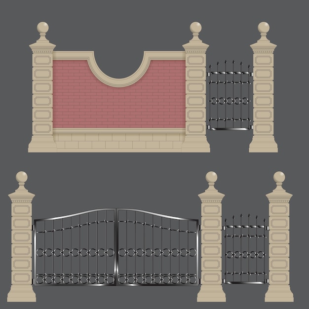 Vector pilares de piedra de la puerta del jardín con puerta forjada y pared de ladrillo