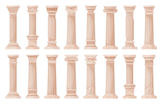Pilares romanos dibujos animados arquitectura antigua columnas plana vector ilustración colección