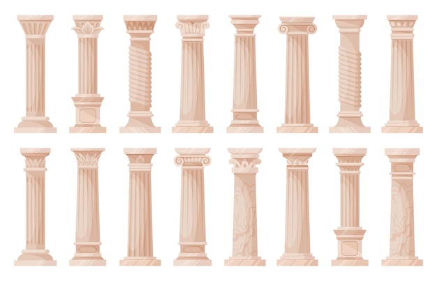 Pilares romanos dibujos animados arquitectura antigua columnas plana vector ilustración colección