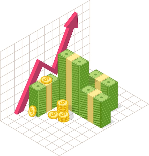 Pilas de billetes y monedas acompañadas de una flecha roja ascendente que representan el aumento de las ganancias, el éxito financiero y el robusto crecimiento económico en el mercado actual.
