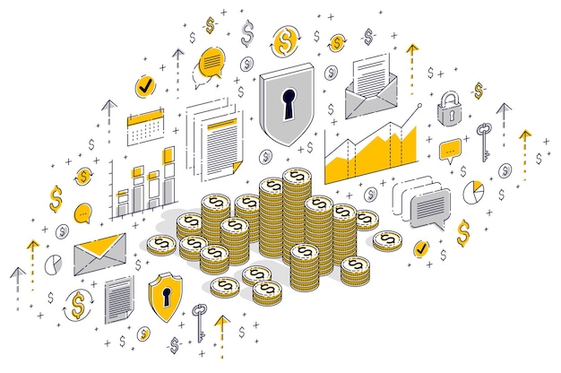 Pilas de centavos de moneda de dinero en efectivo aisladas sobre fondo blanco. Ilustración isométrica de negocios y finanzas de vector 3D con iconos, gráficos de estadísticas y elementos de diseño.