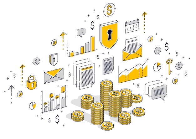 Pilas de centavos de moneda de dinero en efectivo aisladas sobre fondo blanco. Ilustración isométrica de negocios y finanzas de vector 3D con iconos, gráficos de estadísticas y elementos de diseño.