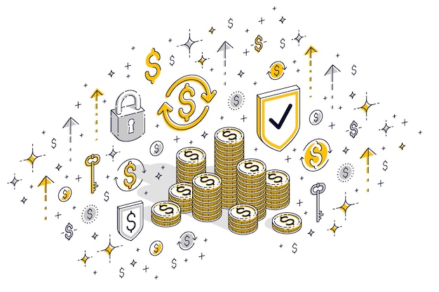 Pilas de centavos de moneda de dinero en efectivo aisladas sobre fondo blanco. Ilustración isométrica de negocios y finanzas de vector 3D con iconos, gráficos de estadísticas y elementos de diseño.