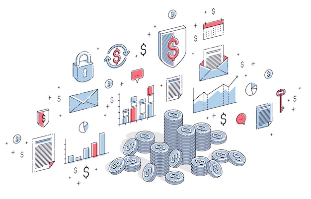 Pilas de centavos de moneda de dinero en efectivo aisladas sobre fondo blanco. Ilustración isométrica de negocios y finanzas de vector 3D con iconos, gráficos de estadísticas y elementos de diseño.