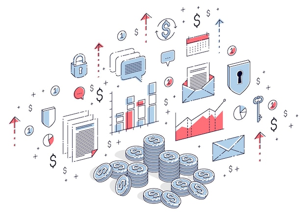 Pilas de centavos de moneda de dinero en efectivo aisladas sobre fondo blanco. ilustración isométrica de negocios y finanzas de vector 3d con iconos, gráficos de estadísticas y elementos de diseño.