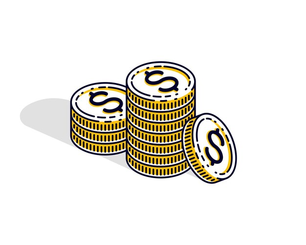 Pilas de céntimos de moneda de dinero en efectivo aisladas sobre fondo blanco. Vector 3d ilustración isométrica de negocios y finanzas, diseño de línea delgada.