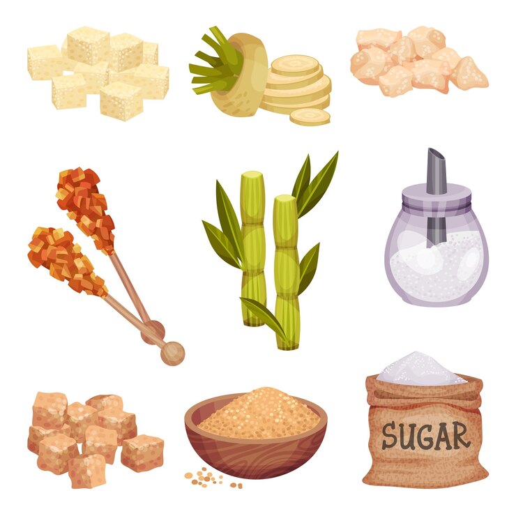 Vector pilas de cubos de azúcar blanco y marrón con un conjunto de vectores de remolacha azucarera y caña de azúcar