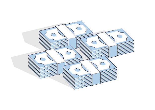 Pilas de dólares de dinero en efectivo aisladas sobre fondo blanco. Vector 3d ilustración isométrica de negocios y finanzas, diseño de línea delgada.