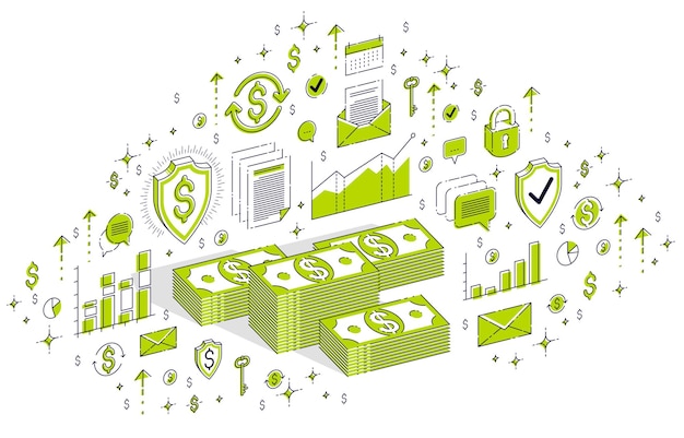 Pilas de dólares de dinero en efectivo aisladas sobre fondo blanco. Vector 3d ilustración isométrica de negocios y finanzas con iconos, gráficos de estadísticas y elementos de diseño.
