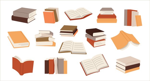 Pilas de libros en varias formas ilustración vectorial plana
