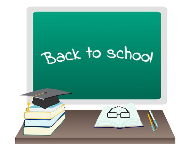 Pilas de libros y vasos de tapa de educación en pluma de libro abierto y lápices se encuentran en la mesa de fondo de pizarra verde Banner de plantilla de diseño moderno para el regreso a la escuela Vector