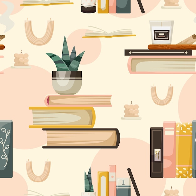 Pilas de libros, velas, plantas y adornos contra un fondo cremoso claro Ilustración vectorial