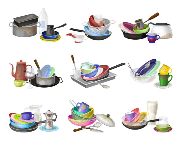 Pilas de platos y utensilios sucios con platos y tazas de conjunto vectorial