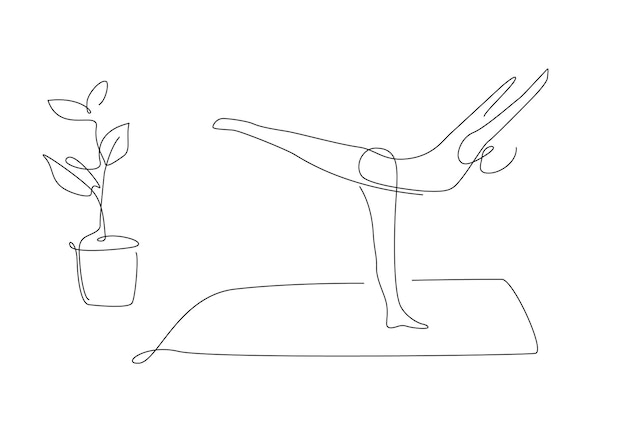 Pilates una línea pose Yoga Warrior III asana vector mujer estirando arte lineal