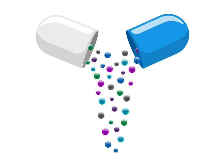Vector píldora de cápsula médica abierta con moléculas de colores que se caen, medicamento, vitamina, mejora la salud