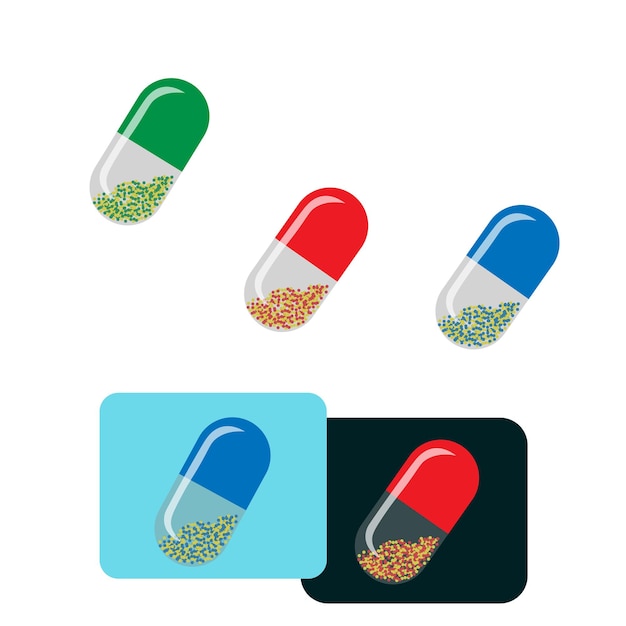 Vector píldora cápsulas multicolores medicamentos sobre un fondo blanco.