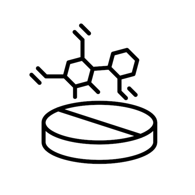 Píldora con icono de línea atómica Vidrio y tubo de ensayo con reactivos líquidos o químicos Elementos químicos Concepto de laboratorio Icono de línea negra vectorial sobre fondo blanco