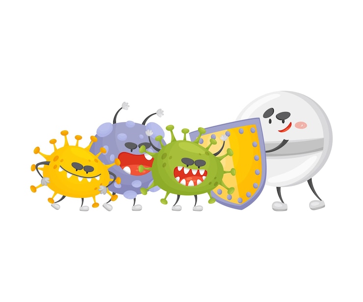 Vector la píldora redonda de dibujos animados está protegida por un escudo amarillo de virus multicolores ilustración vectorial sobre un fondo blanco
