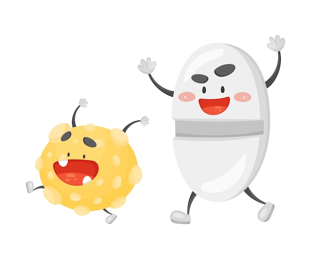 Una píldora redonda humanizada persigue un microbio amarillo Ilustración vectorial sobre un fondo blanco
