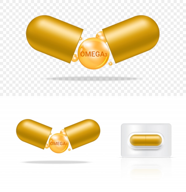 Vector píldora transparente realista vitamina omega3 medicina cápsula panel. tabletas concepto médico y sanitario.