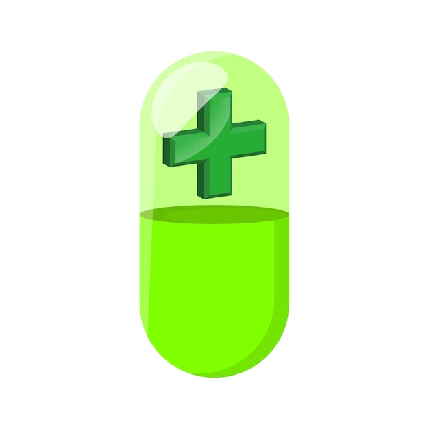 Píldora verde con signo de farmacia dentro de la ilustración