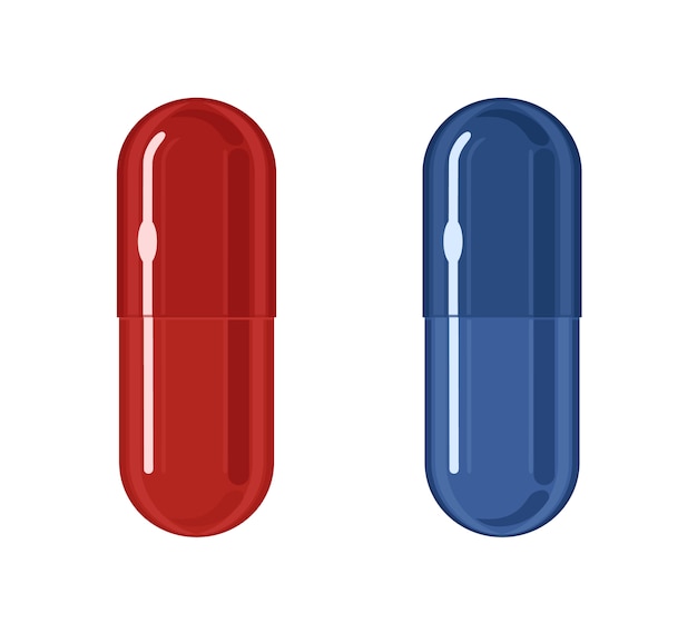 Píldoras azules y rojas, ilustración sobre fondo blanco. Concepto de elección. Dos alternativas diferentes de metáfora.