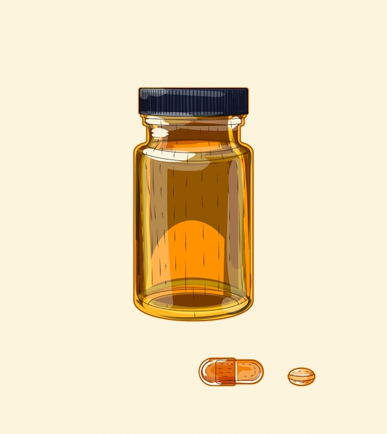 Vector píldoras y frasco ancho de vidrio marrón medicinal, arte de boceto dibujado a mano