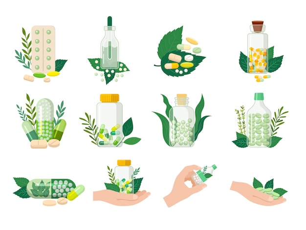 Píldoras orgánicas Medicamentos homeopáticos saludables naturales de recetas médicas productos de tratamiento colección de imágenes planas vectoriales recientes