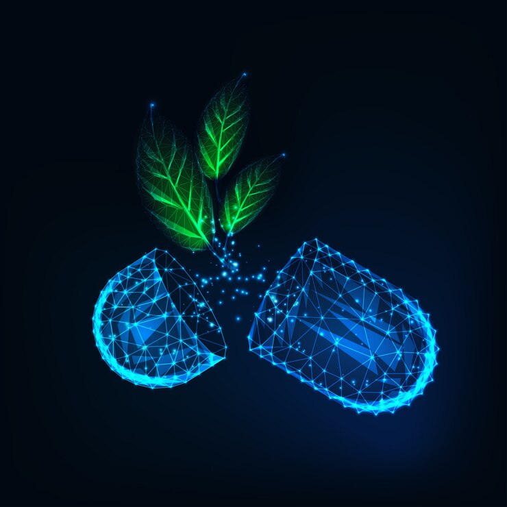Vector las píldoras polivinílicas bajas de la cápsula de la medicina del resplandor con la hierba orgánica verde se van en fondo azul marino.