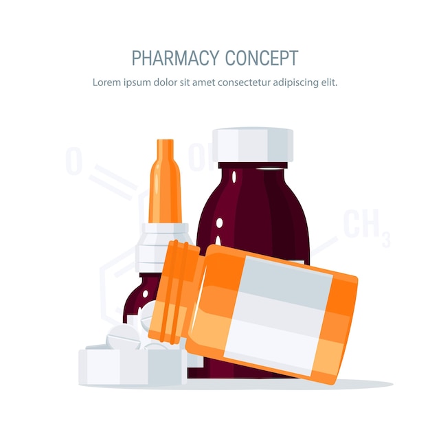 Vector píldoras que salen del frasco del medicamento en la tapa y viales de vidrio.