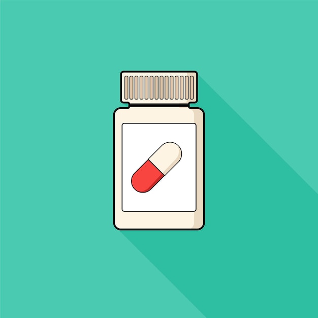 Vector píldoras de tarro de vitaminas, fondo verde y estilo plano, medicina, sombra larga. ilustración vectorial