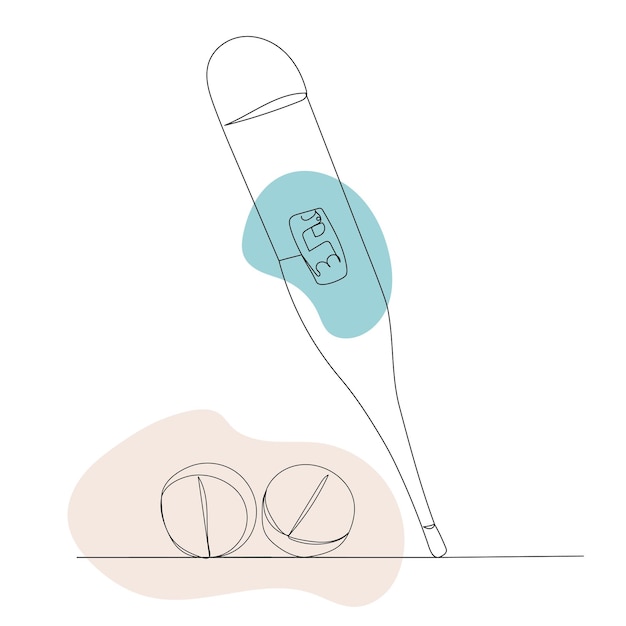 Píldoras y termómetro un vector de dibujo de línea continua