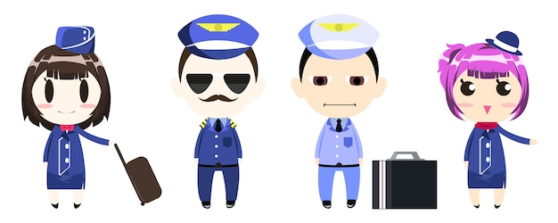 Piloto, capitán, tripulación y azafata en personaje de dibujos animados uniforme