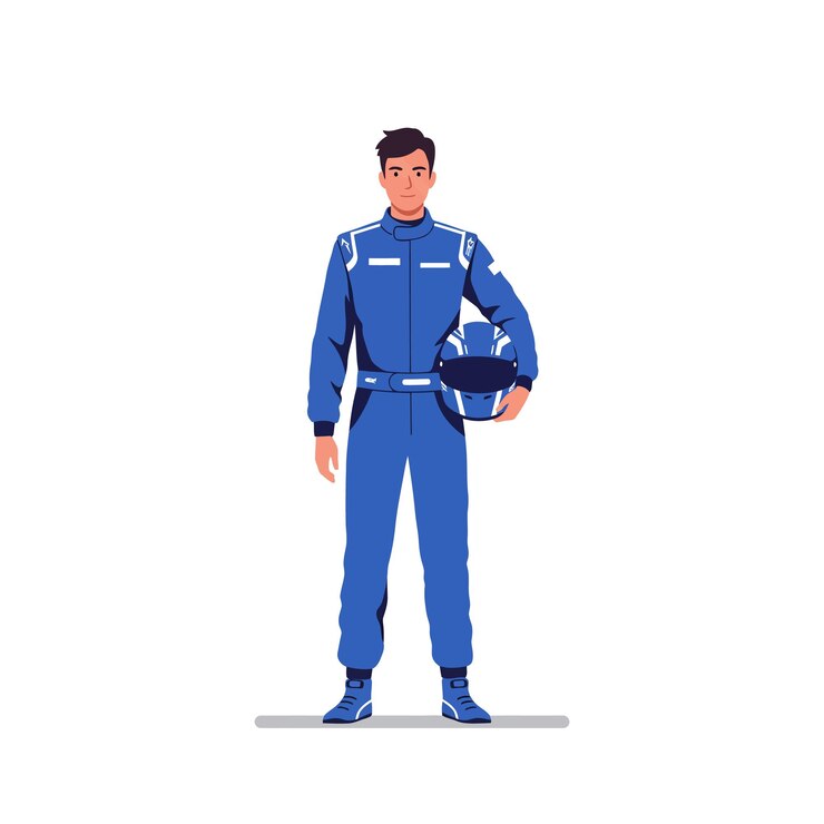 Vector piloto de carreras en traje azul con casco en arte vectorial plano