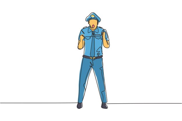 El piloto de dibujo continuo de una línea se para con gesto de celebración y el uniforme completo sirve al avión