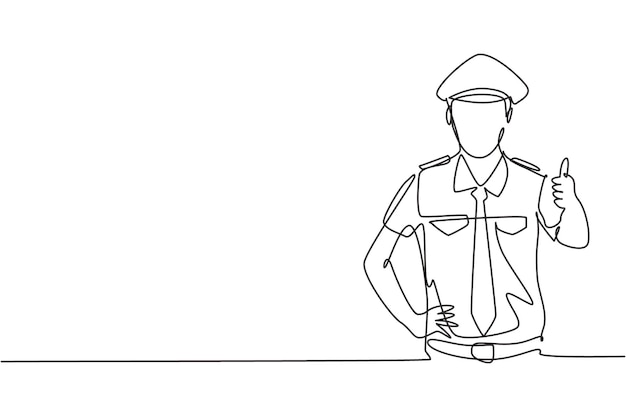 Un piloto de dibujo de una sola línea con un pulgar hacia arriba y uniforme completo está listo para volar con la tripulación de cabina