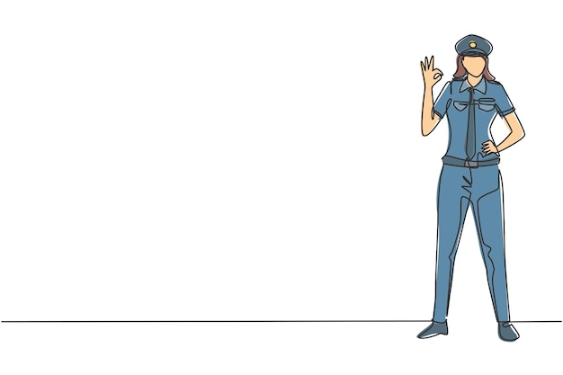 Una piloto femenina de dibujo de una sola línea se para con un gesto bien y el uniforme completo sirve al avión
