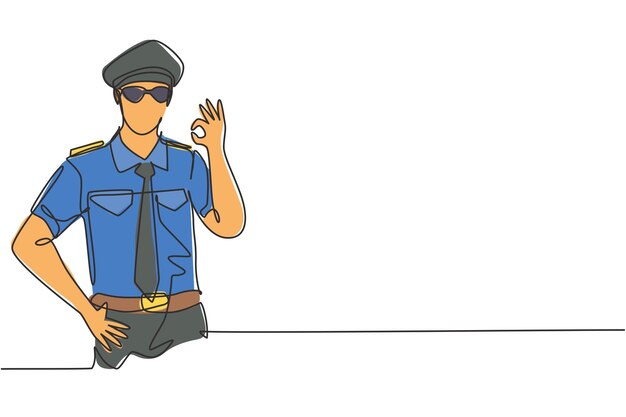 Piloto masculino de dibujo de una sola línea continua con gesto correcto y uniforme completo listo para volar con la tripulación