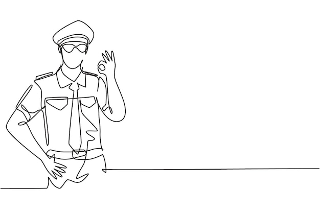 Piloto masculino de dibujo de una sola línea continua con gesto correcto y uniforme completo listo para volar con la tripulación