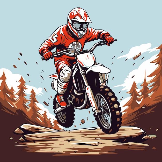 Vector piloto de motocross en la carretera ilustración vectorial en estilo retro