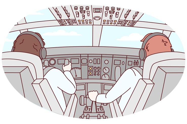 Vector pilotos en la cabina del avión durante el vuelo tripulación del avión frente a la planta aviación y vuelo